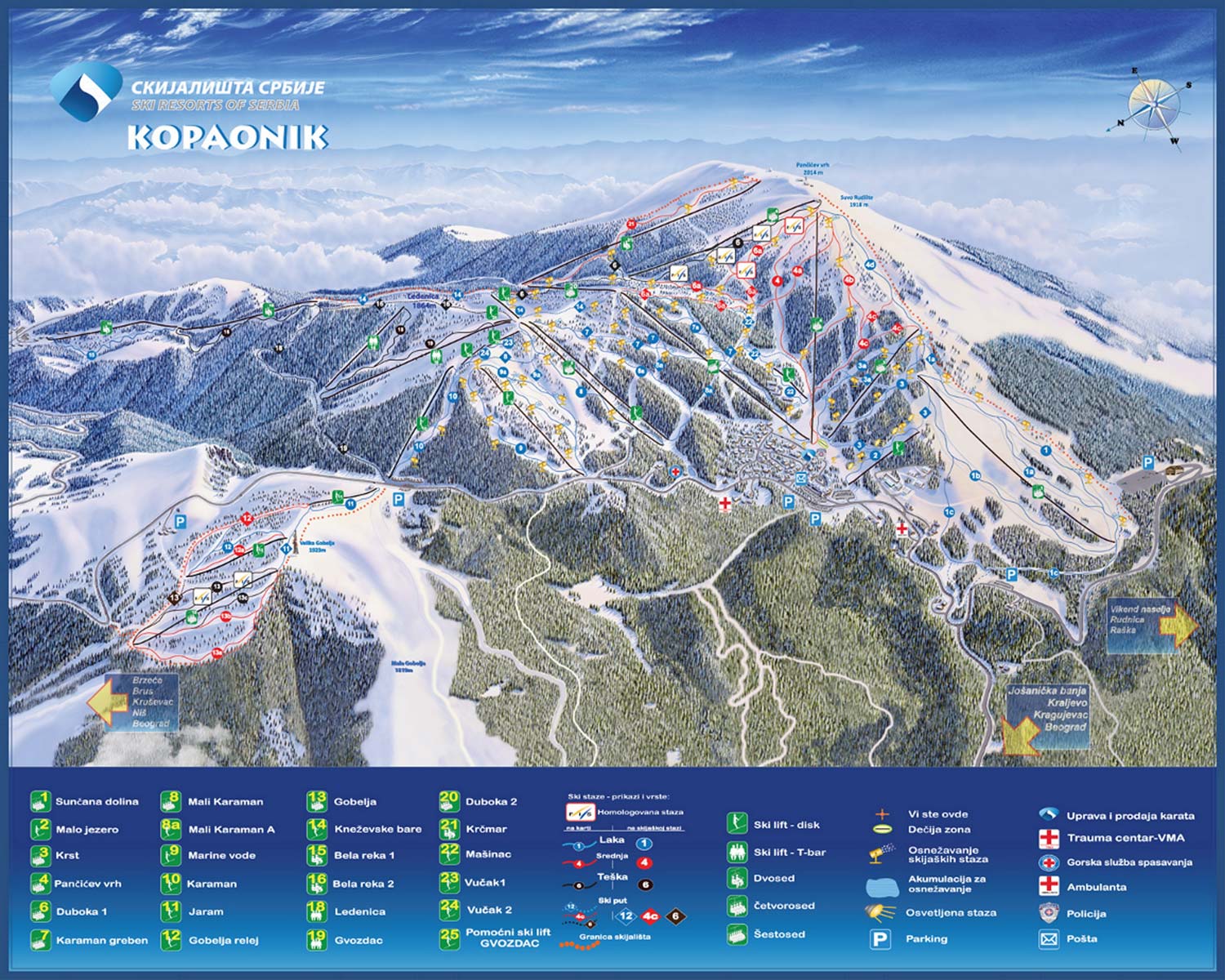 Карта горнолыжного курорта Копаоник, Сербия. Туры в Сербию в Туле и Тульской области
